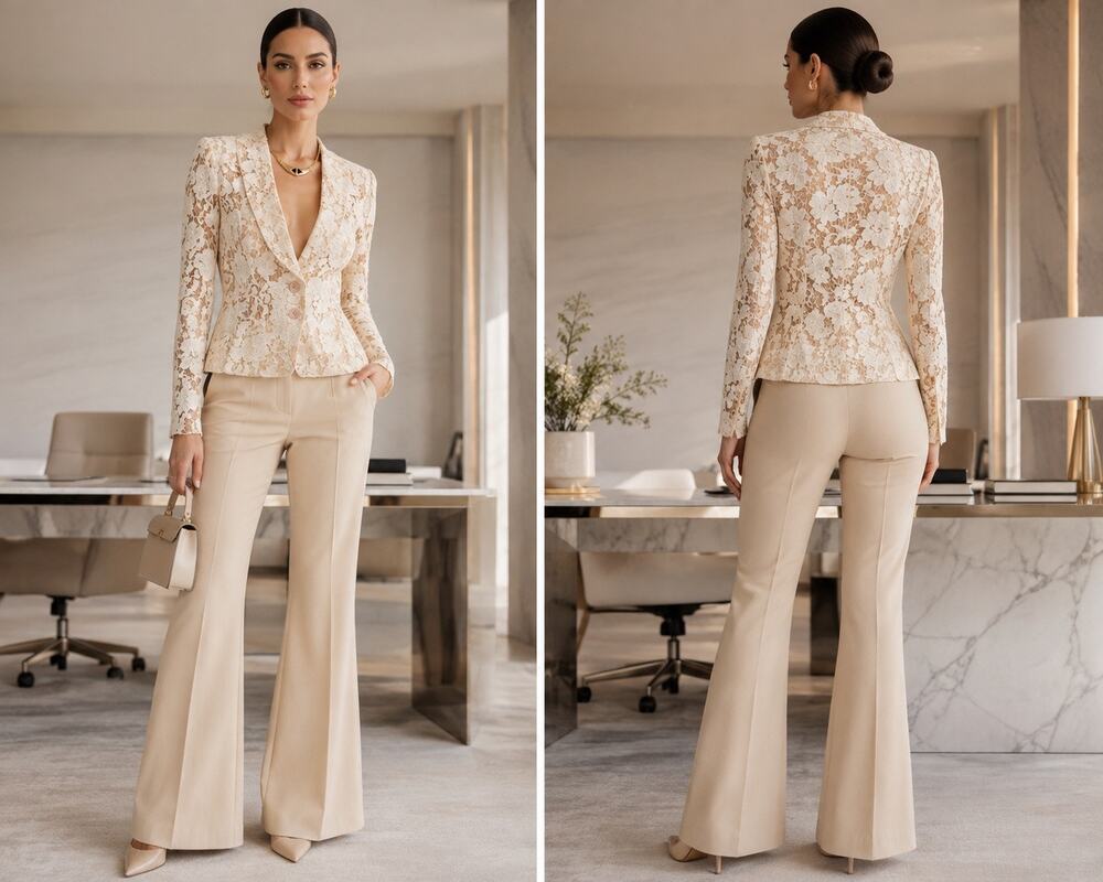 CAbi Ivory Floral Lace Blazer Size 2 Elegant Tailored Two Button Career Jacket